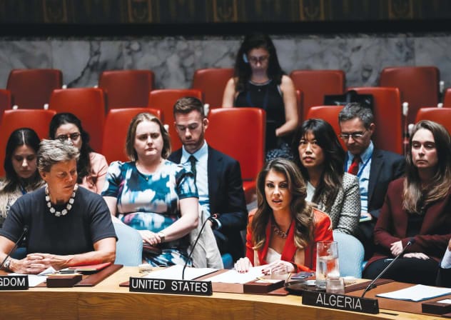 VOTING AGAINST a UN Security Council draft resolution demanding a ceasefire in Gaza, at New York City headquarters, Sept. 2025.  
